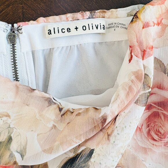 Alice + Olivia Braylee Asymmetric Floral Rose Ruffle Slip Midi Skirt Size 4 - Picture 4 of 8